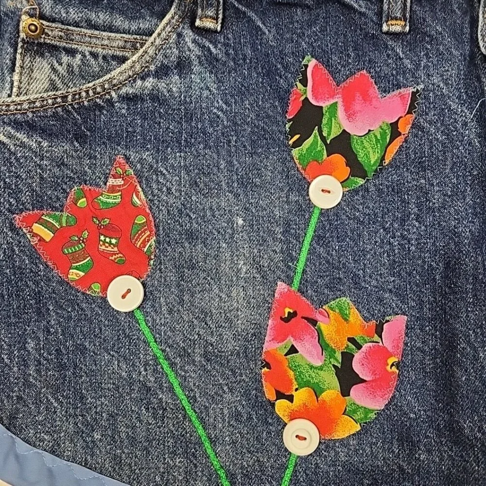 Handmade Denim Half‎ Apron Flower Patchwork Buttons Original By Barbara  VTG